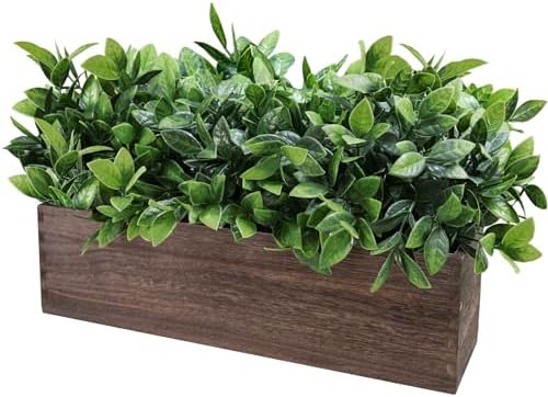 Winlyn 14" Artificial Boxwood Plants in Rectangular Wood Planter Farmhouse Greenery Arrangement Centerpiece Faux Potted Herb Plant for Wedding Dining Room Table Kitchen Windowsill Mantel Shelf Décor