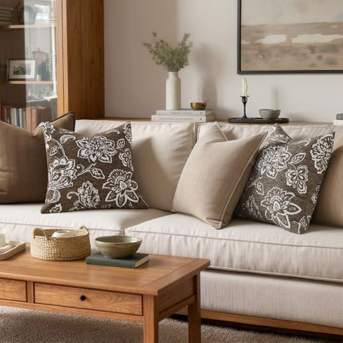 Set of 2 Chenille Floral Pillow Covers 18x18 Inch Taupe Grey