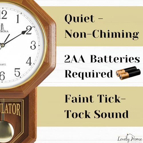 Pendulum Wall Clock Battery Operated, Real Wood Regulator Clock, Quiet