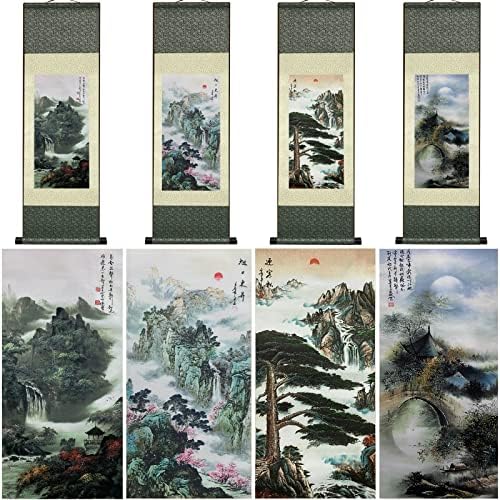 AtfArt 4 Pack Asian Wall Decor Silk Scroll Wall Art - Waterfall River Landscape - Beautiful Oriental Decor - Chinese Art Wall Scroll Hanging (4 Pack)