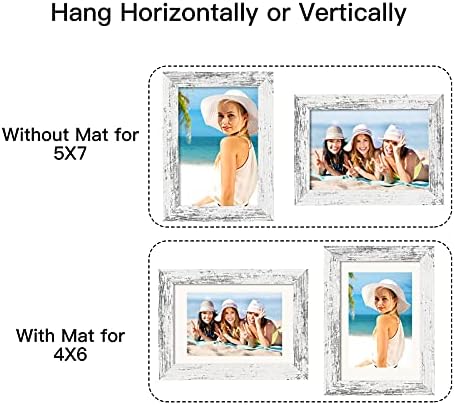 BAIJIALI 5x7 Picture Frame Distressed White Wood Pattern Set of 4,Display Pictures 4x6 with Mat or 5x7 Without Mat, Horizontal and Vertical Formats for Wall and Table Mounting