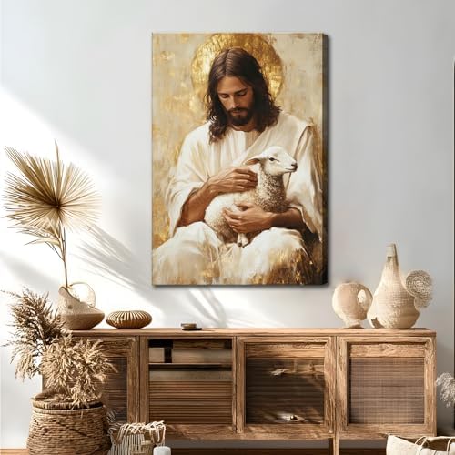 Jesus and Lamb Canvas Wall Art Jesus Saves the Lost Lamb Pictures Wall Decor God Leaving 99 Sheep Poster Prints Christian Religious Painting Artwork for Living Room Bedroom Church 12x16 Inch