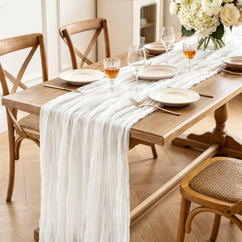3Pcs Ivory White Table Runner, 10FT Rustic White Table Runner 35*120inch Boho Table Runners for Wedding Bridal Shower Baby Shower Table Centerpiece Decorations