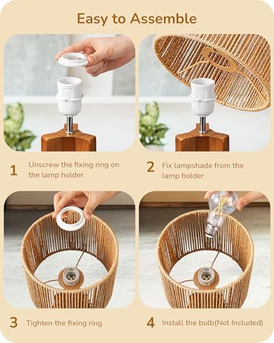 EDISHINE Small Table Lamp, Rose Wood Base, Handwoven Paper Rope Shade, E26