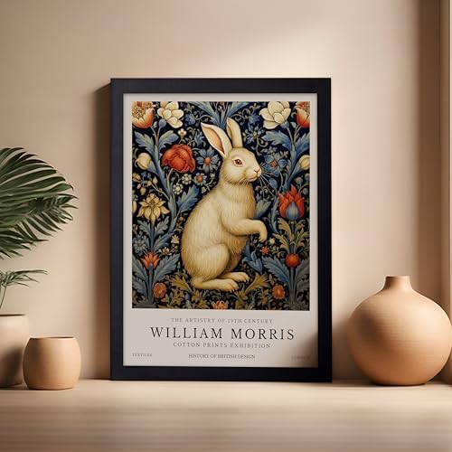 Poster Master William Morris Poster - White Rabbit Print - Flower Art - Animal Artwork - Floral Design - Bunny Illustration - Great Office or Bedroom Decor - 16x20 Black Framed
