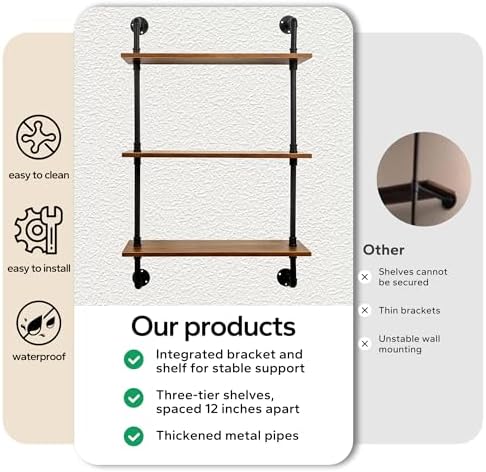 3-Tier Industrial Pipe Floating Shelf – Rustic 24 inch Wood Wall-Mounted Storage Shelf for Kitchen Office,Bathroom & Home Decor -Walnut