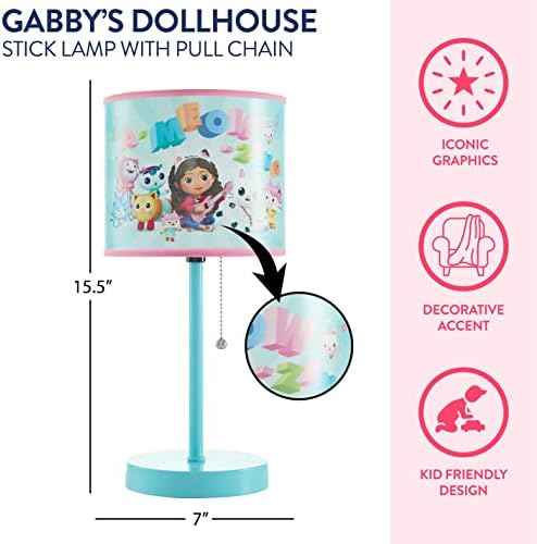 Idea Nuova Gabby's Dollhouse Stick Table Lamp for Kids with Pull Chain