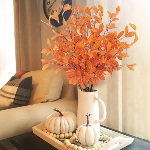 Uieke 18 Pcs Artificial Fall Eucalyptus Stems Fall Eucalyptus Leaves Plants Fall Decorations with Fall Leaves for Autumn Office Home Wedding Centerpiece Fall Florals Arrangement Decor (Orange)