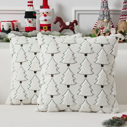 UGASA Christmas Tree Pillow Covers 18x18 Inch Set of 2 Soft Plush Faux Fur Luxury Embroidery Decoration Pillowcases for Couch Sofa Holiday Festivals Winter Xmas Gift, Cream White & Green