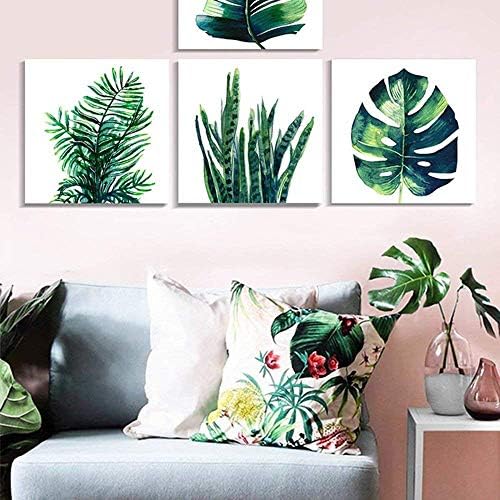 Tropical Plant Wall Art Boho Bathroom Decor Green Monstera Canvas Prints Bedroom Painting Botanical Posters for Kitchen Living Room Home Decorations Leaf Pictures Minimalist Artwork 16×16" 4Pcs/Set