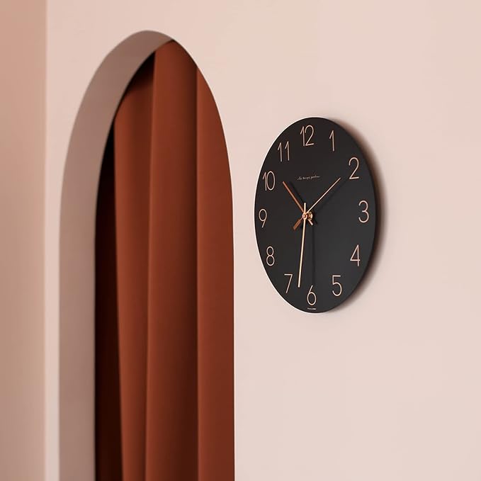 mooas Flatwood Wall Clock (Black),12" Non-Ticking Sweep Movement | Decorative Modern Battery Operated Decorative Wall Clock for Home Living Room Kitchen Bedroom Office School Cafe Hotel