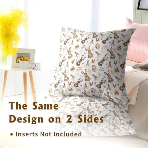 Easter Bunny Pillow Covers 2 Pack 16x16 inch Rabbit and Eggs Cotton Throw Pillow Cases Spring Happy Holiday Decorative Cushion Covers for Sofa Couch Bed