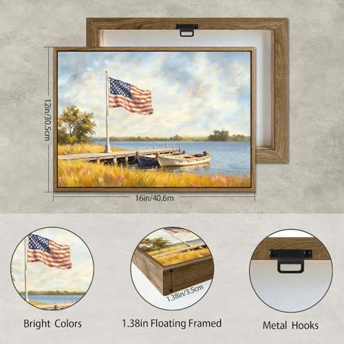 American Flag Framed Canvas Wall Art, 4th of July Patriotic Canvas Prints | USA Flag with Boat Poster Print, Vintage Independence Day Wall Decor for Bedroom Living Room 12×16in