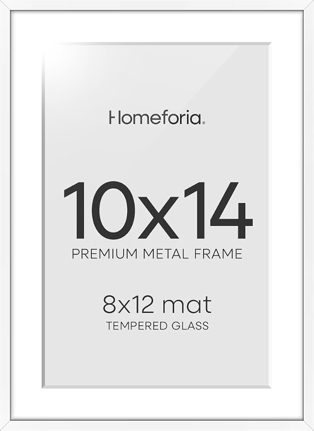 Homeforia 10x14 White Picture Frame, High-End Metal, 8x12 Mat, Glass