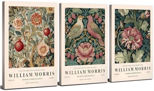 Vintage William Morris Wall Art Natural Peony Flowers Canvas Painting for Living Room Abstract Bird Wildflower Paintings Picture Wall Decor Colorful Floral Poster Prints for Bedroom Decor 16x24 3Pcs