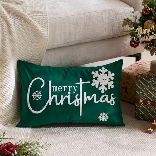 Merry Christmas Pillow Covers 12x20 Inch Embroidery Snowflake Xmas Decorative Lumbar Throw Pillow Cover Winter Holiday Pillow Case Cushion Cases for Sofa Couch Living Room Decorations Green