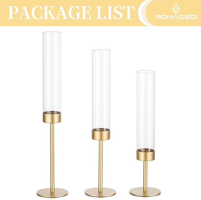 Romadedi Glass Hurricane Candle Holders for Candlestick, Gold, Set of 3