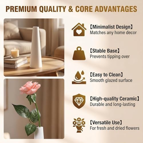 White Ceramic Bud Vase Tall Conic Flower Small Bud Vase Single Stem Vase Home Decorative Floral Vase Centerpiece for Flower and Office Bud Home Wedding Decor