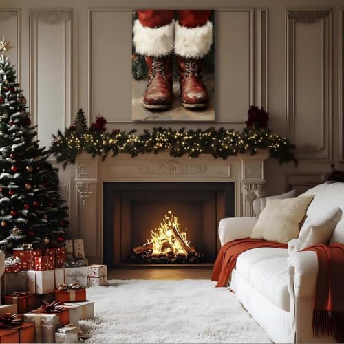 Framed Christmas Boots Wall Art 12x18inch– Rustic Winter Canvas Prints for Home Wall Decor – Farmhouse Red Christmas Pictures Wall Hanging for Living Room & Bedroom, Bathroom
