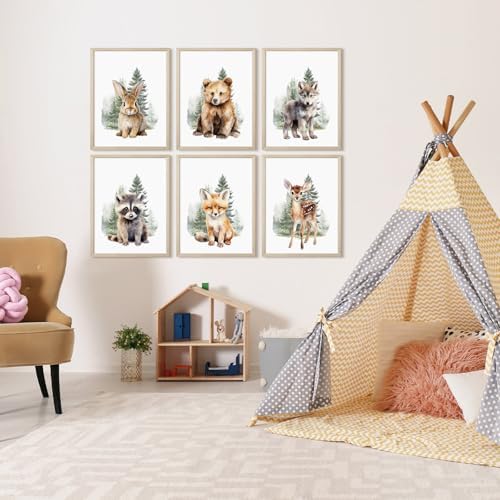 Woodland Animal Nursery Wall Art Decor Set of 6 Baby Boys Room Wall Art Forest Animal Canvas Wall Decor Kids Art Prints Watercolor Bear Deer Fox Pictures Artwork for Bedroom 8x10 Inch Framed