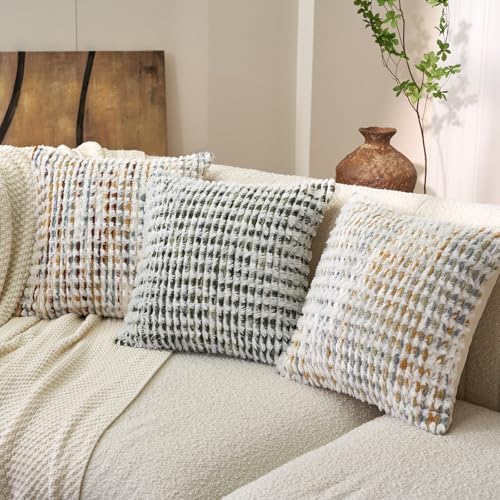 Aeckself Boho Chenille Tufted Pillow Cover 20 x 20 Inch, Decorative Square Throw Pillow Cover Neutral Pillowcase for Couch Bedroom Living Room, Yellow White