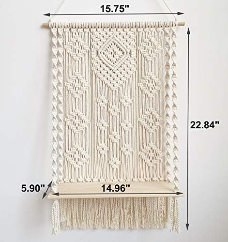 Macrame Wall Hanging Shelf, Boho Decorative Floating Plants Swing Hanging Shelf Wooden Storage Hanger, Handmade Cotton Rope Woven Home Wall Decor