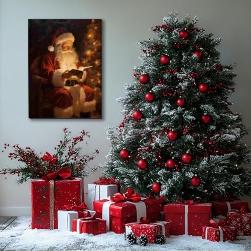 Santa Reading Book Christmas Wall Art 12x18in, Vintage Framed Canvas Prints Posters for Home Decor, Rustic Winter Painting for Christmas Wall Decor, Holiday Decoration Gifts for Bedroom
