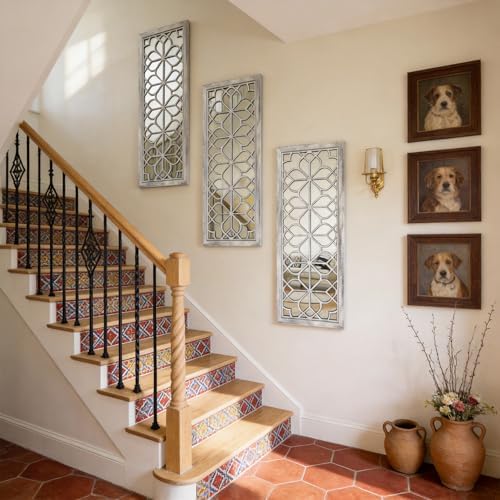 Set of 2 16x41.5 Inch Large Carved Floral Wood Frame Wall Mirrors, Shatterproof Boho Farmhouse Rustic Accent Mirrors for Living Room, Bedroom, Bathroom, Entryway & Home Wall Decor (Gray)
