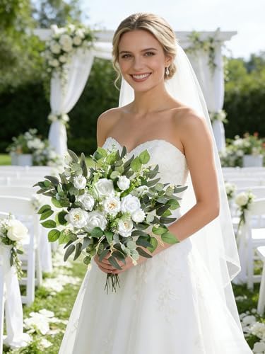 Artificial Wedding Greenery Filler Box Set 50Pcs with 8 Kinds Fake Greenery Stems for Centerpiece and Floral Arrangement Greenery Bouquet Filler(White Green)