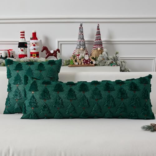 UGASA Christmas Tree 14x36 Inch Long Lumbar 1 Pack Soft Plush Faux Fur Luxury Embroidery Rectangle Cushion Case for Couch Sofa Holiday Festivals Winter Xmas Gift, Dark Green