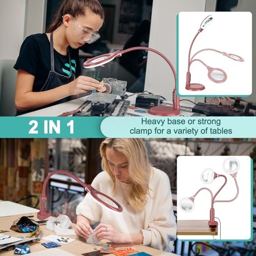10X Magnifying Glass with Light and Clamp, 5 Color Modes Stepless Dimmable Lighted Magnifier with Stand, Flexible Gooseneck LED Desk Lamp Hands Free for Craft Painting Hobby Close Work - Red