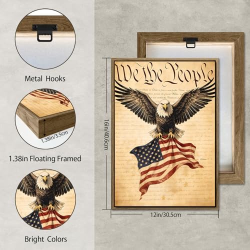 American Flag Framed Canvas Wall Art, 4th of July Patriotic Canvas Prints | USA Flag with Bald Eagle Poster Print, Vintage Independence Day Wall Decor for Bedroom Living Room 12×16in