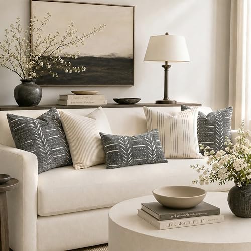 BlissBlush Decorative Lumbar Pillow Covers 12x20 Set of 2, Soft Woven Chenille Accent Pillow Covers for Couch Sofa Bed, Textured Farmhouse Cushion Covers, Charcoal Gray