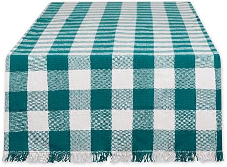 DII Fringed Check Tabletop, Table Runner, 14x72, Teal