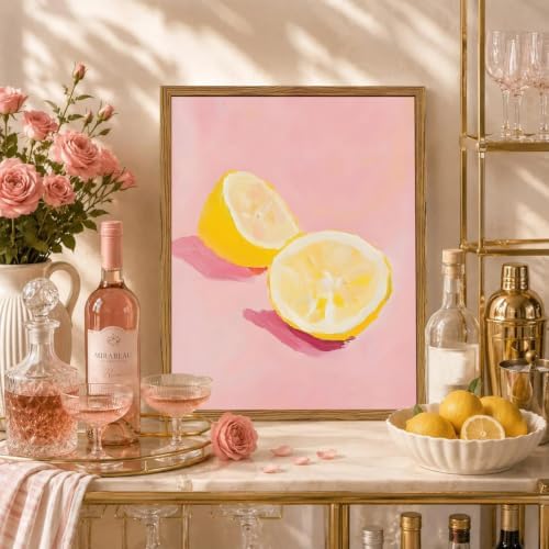 Framed Pink Kitchen Wall Art, Lemon Pictures Wall Decor, Minimalist Dopamine Fruit Paintings Canvas Prints Trendy Preppy Home Decor for Kitchen Dining Room Living Room Dorm 16x24 inch