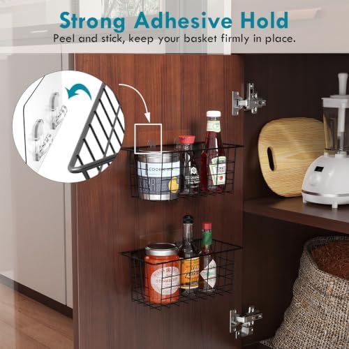MaraFansie Hanging Kitchen Baskets, 2 Pack Wire Storage Basket Over Cabinet Door Organizer with Adhesive Hooks, No Drilling Pantry & Cabinet Organization for Kitchen Bathroom, Extra 2 Hooks, Black