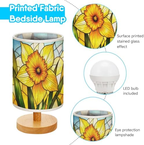 Daffodil Table Lamp LED 3-Color Pressed Bedside, Daffodil Shade Lamp with Wood Base for Bedroom Living Room Desk Office TL01