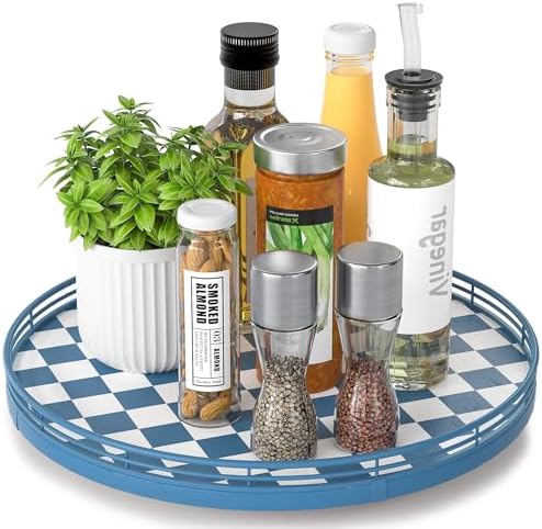 Blue and White Checkerboard Lazy Susan with Rubberwood Base and Metal Rail