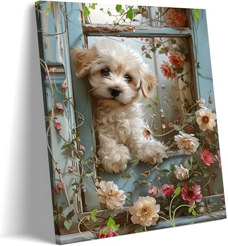 Framed Poodle Canvas Wall Art, Funny Teddy Dog Poster Print, Abstract Dog Standing Among Flowers Painting Wall Decor for Dormitory Restroom Bedroom Kids Room Decor 12x16 inch