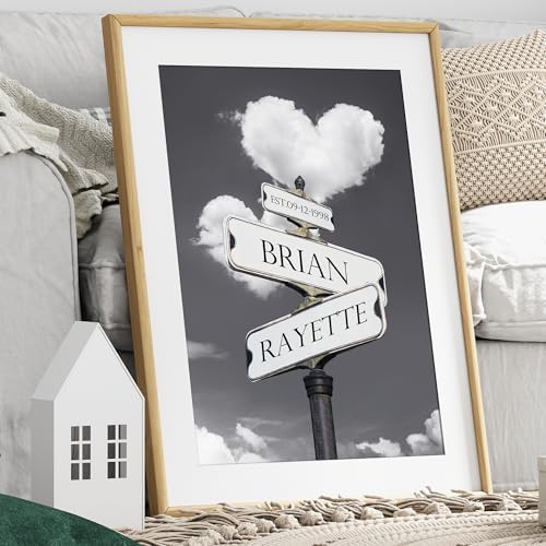 A&T ARTWORK Heart and Heart Street Sign Canvas Poster Prints Gift,includes Names and the Date Unique Gift for the Anniversary.Canvas Poster UNFRAMED