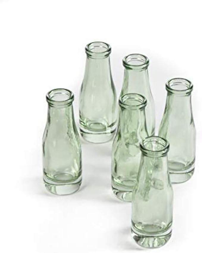 Serene Spaces Living Mini Green Glass Bud Vase, Centerpiece for Wedding Reception, Mini Flower Vases for Home Decor, Vintage Bottle Style Vase, 3.75" Tall & 1.25" Diameter - Pack of 6