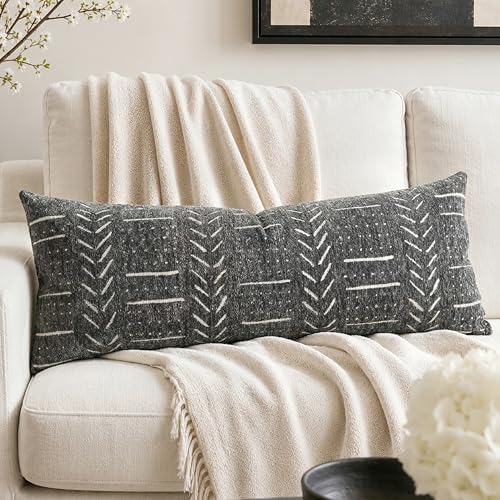 BlissBlush Long Lumbar Pillow Cover 14x36 for Bed, Soft Woven Chenille Textured Decorative Pillow Cover for Bedroom Couch Sofa, Farmhouse Boho Accent Cushion Cover, Charcoal Gray