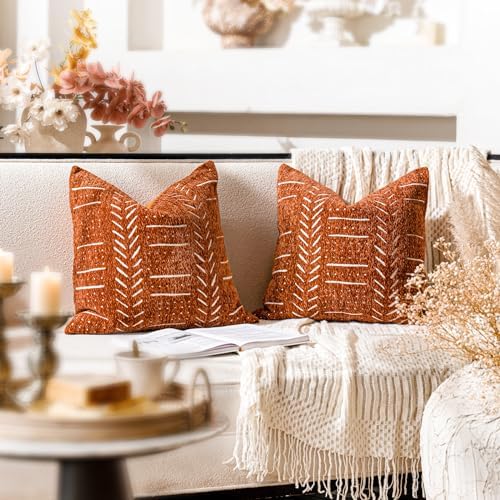 BlissBlush Decorative Throw Pillow Covers 18X18 Set of 2, Brick Red Terracotta Boho Farmhouse Cushion Cover, Cozy Soft Accent Pillowcase for Couch Sofa Bed Living Room Home Décor