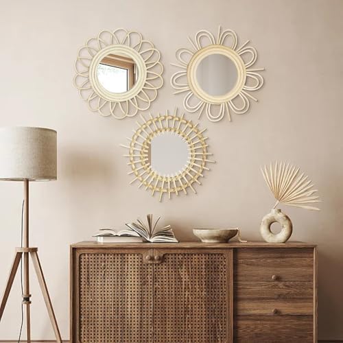 Briful Beige Wall Mirrors Decor Set of 3 Wooden Round Wall Mirrors Wall-Mounted Sunburst Mirrors Hanging Wall Art for Living Room Home Indoor Bedroom Decor