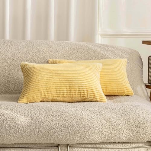Home Brilliant Set of 2 12x20 Summer Pillow Covers Oblong Corduroy Rectangle Throw Pillow Case for Couch Chair Decor Baby Toddler Lumbar Throw Pillow Covers, 12 x 20 inch, Light Yellow