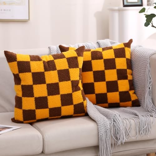 Alysheer Checkered Embroidered Throw Pillow Covers 18"x 18" 2pc Brown