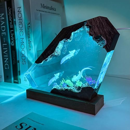 Axolotl Resin Lamp,Handcrafted 3D RGB Axolotl Night Light with Wooden Base for Home Office Decor,Unique Axolotl Gifts, Birthday Valentine's Day Gifts for Women & Men (L 10"X5")