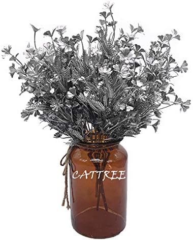 Artificial Plants for Christmas, CATTREE Plastic Grass Faux Shrubs Fake Leaves Simulation Flowers Bushes Home Indoor Outdoor Garden Wedding Festival Decoration Hall Table Planter Filler – Silver 2 Pcs
