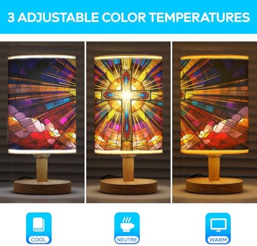 Cross Table Lamp LED 3-Color Pressed Bedside, Cross Shade Lamp with Wood Base for Bedroom Living Room Desk Office TL01