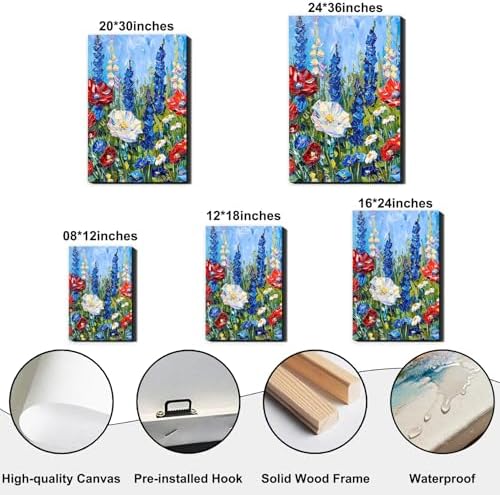 Made USA Framed Red White Blue Wildflower Wall Art, Retro Bedroom Kitchen Wall Decor Rustic 4th of July Independence Day Canvas Prints Artwork, Classic Patriotic Pictures Home Decor